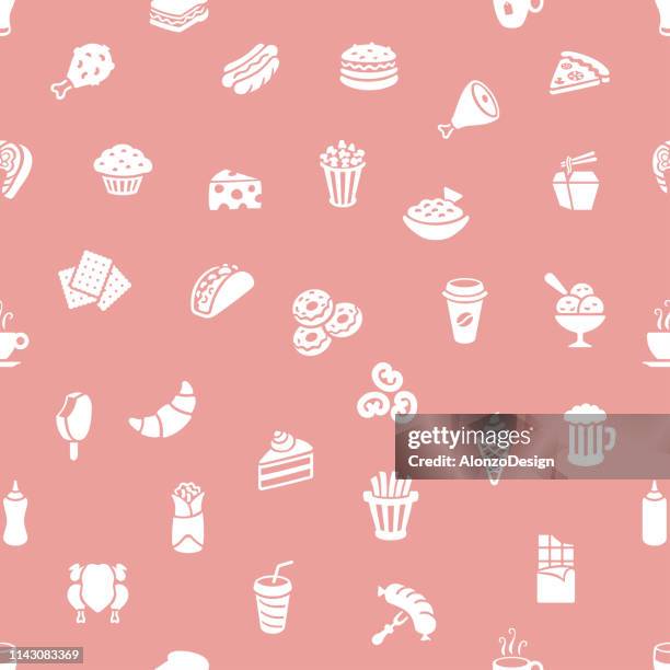 stockillustraties, clipart, cartoons en iconen met fast food naadloze patroon - kipburger