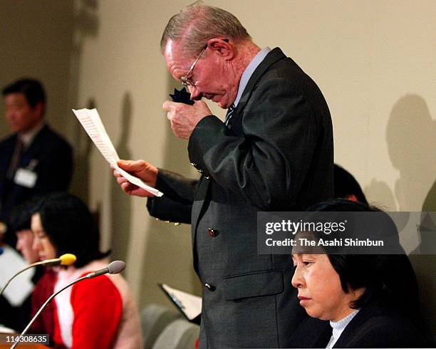 Charles Jenkins , who deserted the U.S. Army in 1965, reads a statement during a news conference at Mano Town Hall in Sado, the hometown of his wife...