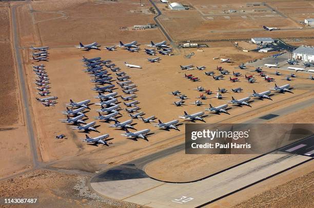 Jumbo jets, DC 10's, Lockheed Tri Stars, DC 9's. Boeing 727 and 737's are among the planes in storage at the Mojave airport where more than 200...