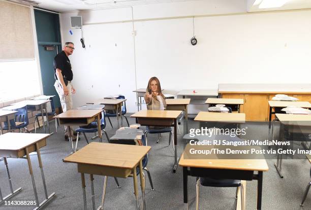 Sgt. Mike Touchton watches a student, police officer, as he approaches a class room, set up for active school shooter training, at Frank DeAngelis...