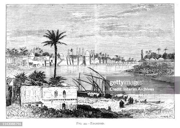 Illustration of the city of Baghdad with the Tigris River from the book 'A Popular History of Science, 1881'.