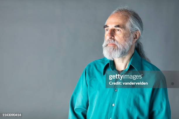 portrait of a bearded man in his 60s - ponytail stock pictures, royalty-free photos & images