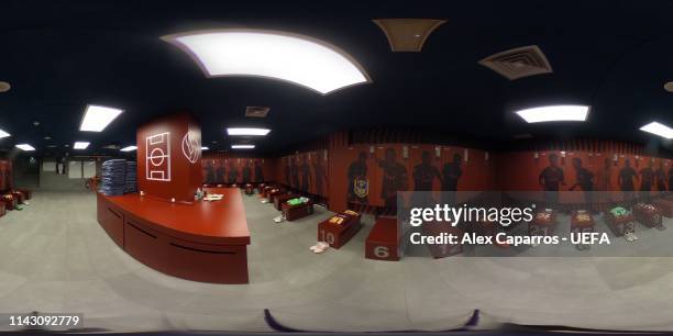 Degree view of the FC Barcelona dressing room ahead of the UEFA Champions League Quarter Final second leg match between FC Barcelona and Manchester...