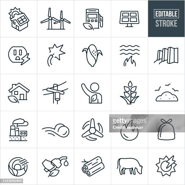 alternative fuel thin line icons - editable stroke - geothermal power station stock illustrations