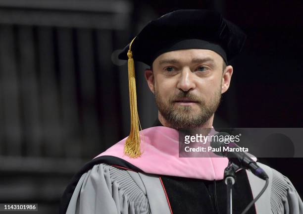 Justin Timberlake attends the Berklee College of Music 2019 Commencement ceremony at Agganis Arena at Boston University on May 11, 2019 in Boston,...