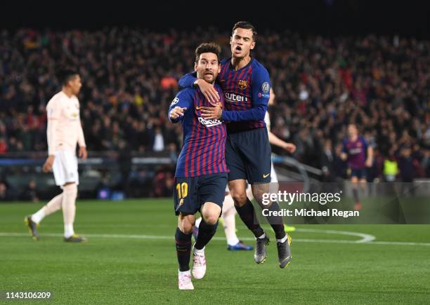 Lionel Messi of Barcelona celebrates after scoring his team's first goal with Philippe Coutinho of Barcelona during the UEFA Champions League Quarter...