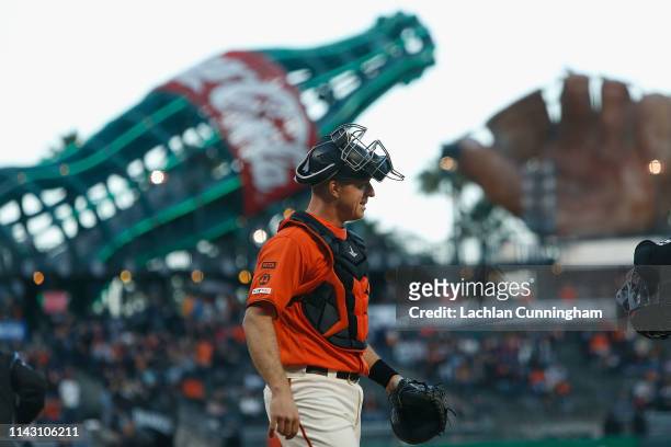 Erik Kratz of the San Francisco Giants looks on before the start of play against the Colorado Rockies at Oracle Park on April 12, 2019 in San...