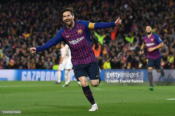 Lionel Messi of Barcelona celebrates after scoring his team's second goal during the UEFA Champions League Quarter Final second leg match between FC...