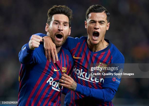Lionel Messi of Barcelona celebrates after scoring his team's first goal with his teammate Philippe Coutinho during the UEFA Champions League Quarter...