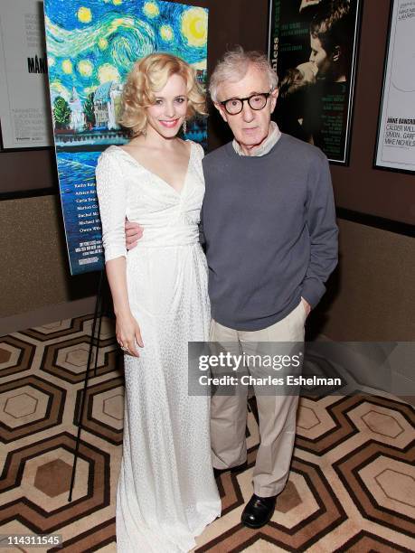 Actress Rachel McAdams and director Woody Allen attend The Cinema Society & Thierry Mugler screening of "Midnight in Paris" at the Tribeca Grand...