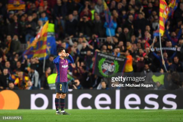 Philippe Coutinho of Barcelona celebrates after scoring his team's third goal during the UEFA Champions League Quarter Final second leg match between...