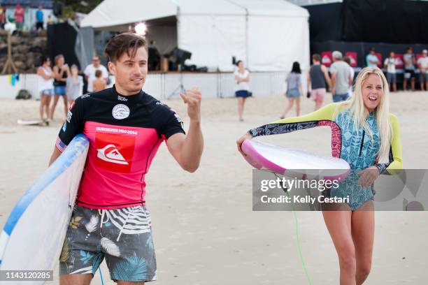 Laura Enever of Australia competing in the 2014 Roxy Pro Gold Coast at Snapper Rocks, QLD, Australia. During a layday Enever gave TV Presenter James...