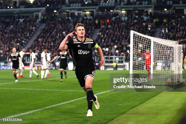 Matthijs de Ligt of Ajax celebrates after scoring his team's second goal during the UEFA Champions League Quarter Final second leg match between...