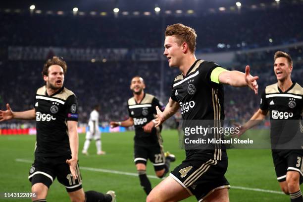 Matthijs de Ligt of Ajax celebrates after scoring his team's second goal during the UEFA Champions League Quarter Final second leg match between...