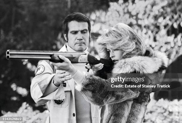 American actors Lee Majors and Farrah Fawcett on the set of "The Six Million Dollar Man" on January 18, 1974.