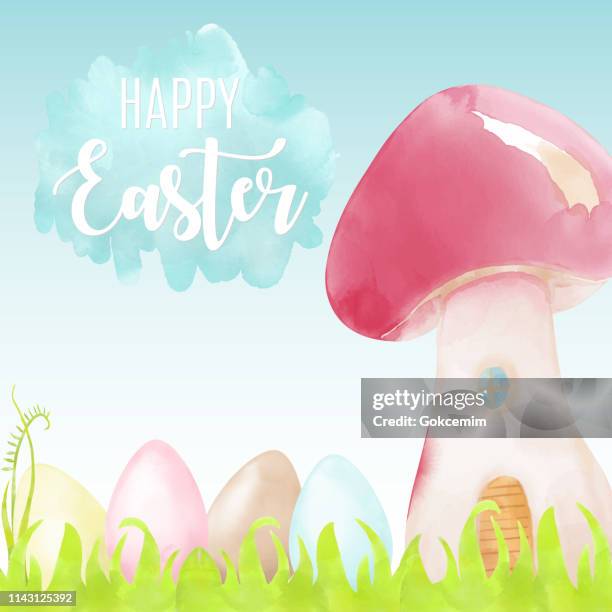 watercolor happy easter greeting card with easter eggs and mushroom house. spring easter background. - easter nest stock illustrations