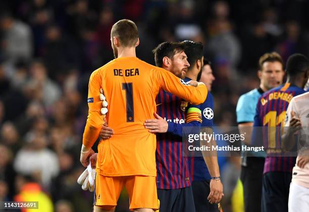 Lionel Messi of Barcelona embraces David De Gea of Manchester United after the UEFA Champions League Quarter Final second leg match between FC...