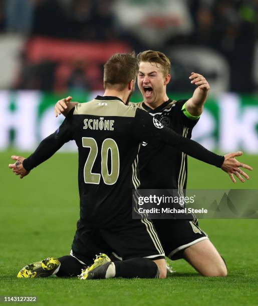 Matthijs de Ligt of Ajax celebrates victory with Lasse Schone of Ajax during the UEFA Champions League Quarter Final second leg match between...