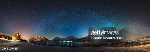 winter milky way panorama and aurora - pleiades stock pictures, royalty-free photos & images