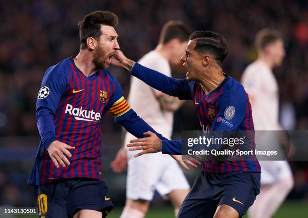 Lionel Messi of Barcelona celebrates after scoring his team's first goal with his teammate Philippe Coutinho during the UEFA Champions League Quarter...