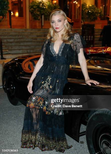 Natalie Dormer poses in the Jaguar XK 120 at the ABB FIA Formula E 2019 Monaco E-Prix 'Casino Royale' Black Tie Event at Casino de Monte-Carlo on May...