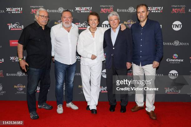 Edward James Olmos, Adrian Solar, Spanish singer and actor Raphael, President of EGEDA, Enrique Cerezo and Miguel Angel Benzal attend a ceremony to...