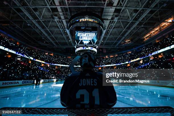 Martin Jones of the San Jose Sharks prepares for the game against the St. Louis Blues in Game One of the Western Conference Final during the 2019 NHL...