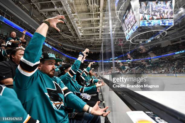 San Jose Sharks fans celebrate a power play against the St. Louis Blues in Game One of the Western Conference Final during the 2019 NHL Stanley Cup...