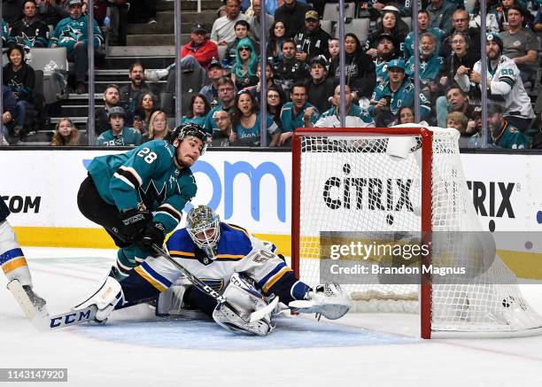 Timo Meier of the San Jose Sharks scores a goal against Jordan Binnington of the St. Louis Blues in Game One of the Western Conference Final during...