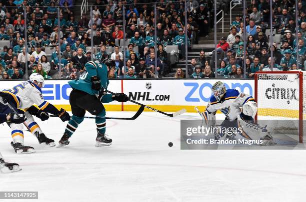 Timo Meier of the San Jose Sharks scores a goal against Jordan Binnington of the St. Louis Blues in Game One of the Western Conference Final during...