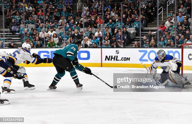 Timo Meier of the San Jose Sharks scores a goal against Jordan Binnington of the St. Louis Blues in Game One of the Western Conference Final during...