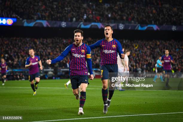 Lionel Messi of Barcelona celebrates after scoring his team's first goal with Philippe Coutinho of Barcelona during the UEFA Champions League Quarter...