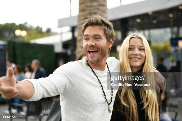 Chad Michael Murray and Sarah Roemer visit "Extra" at Universal Studios Hollywood on April 16, 2019 in Universal City, California.