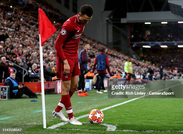 Liverpool's Trent Alexander-Arnold sets up the corner kick from which Divock Origi scored the winning goal during the UEFA Champions League Semi...