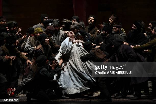 Actors perform during a general rehearsal of 'Lady Macbeth of Mtsensk', an opera by Russian composer Dmitri Shostakovich and directed by French...