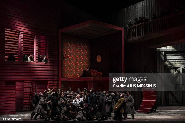 Actors perform during a general rehearsal of 'Lady Macbeth of Mtsensk', an opera by Russian composer Dmitri Shostakovich and directed by French...