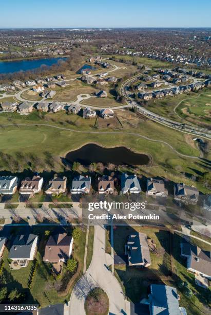 drone aerial view of the residential neighborhood libertyville, vernon hills, chicago, illinois.the vertical xxxl stitched panorama. - illinois aerial stock pictures, royalty-free photos & images