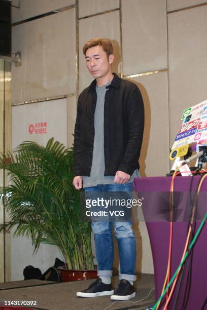 Singer Andy Hui Chi-on attends a press conference as he admits to having an extramarital affair on April 16, 2019 in Hong Kong, China.