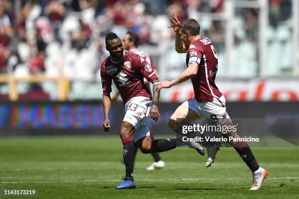 Andrea Belotti of Torino FC celebrates a goal during the Serie A match between Torino FC and US Sassuolo at Stadio Olimpico di Torino on May 12, 2019...