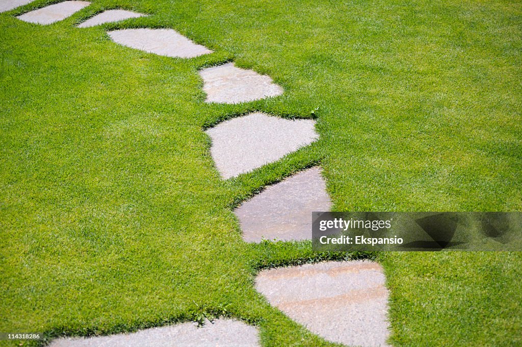 Grass Path Rocks Garden Stepping Stone Path Through Green Grass Lawn High-Res Stock ...