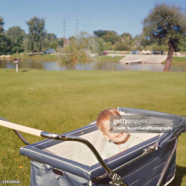 cute baby in a baby carriage circa 1965 - aurora illinois 個照片及圖片檔