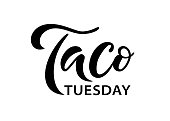 Taco Tuesday. Vector illustration. Promotion sign graphic ptint. Traditional mexican cuisine. Hand drawn text logo