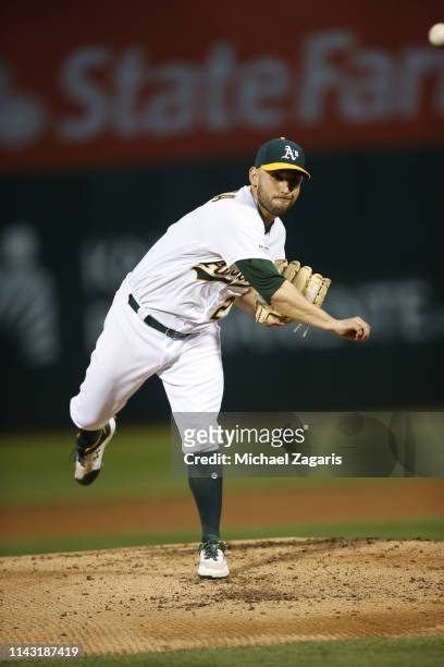 Marco Estrada of the Oakland Athletics pitches during the game against the Boston Red Sox at the Oakland-Alameda County Coliseum on April 3, 2019 in...