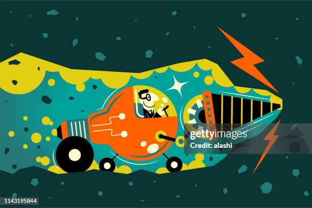businessman driving an idea light bulb car with drill underground tunnelling - data mining stock illustrations