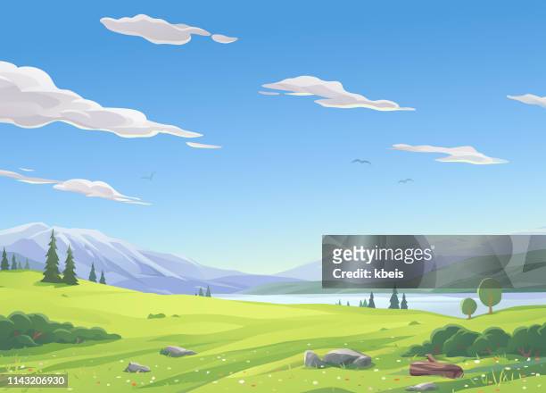 ilustraciones, imágenes clip art, dibujos animados e iconos de stock de lake landscape - lago