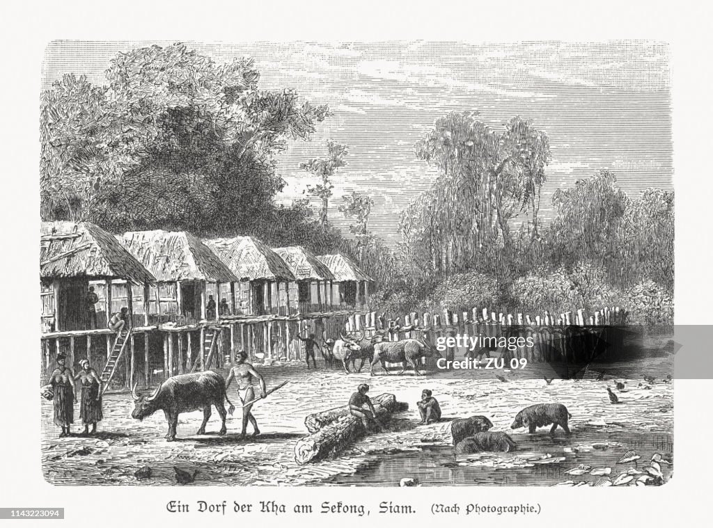 Khmu people in Northern Laos, wood engraving, published in 1897