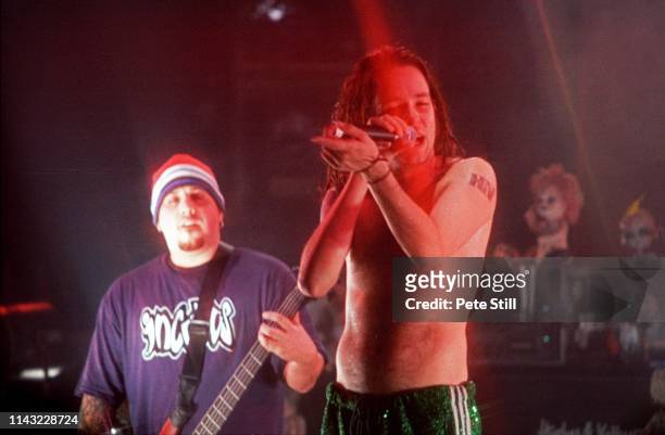 Bassist Reginald 'Fieldy' Arvizu and Vocalist Jonathan Davis of American nu metal band Korn perform on stage at The Brixton Academy on February 24th,...