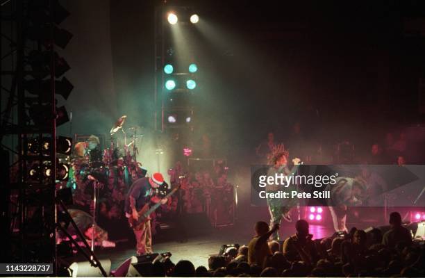 American nu metal band Korn perform on stage at The Brixton Academy on February 24th, 1997 in London, England. Brian 'Head' Welch, David Silveria ,...