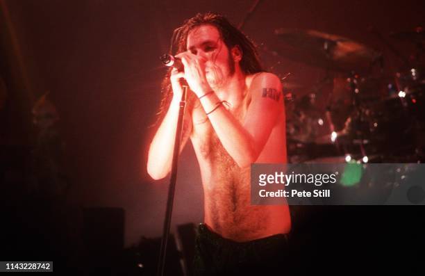 Jonathan Davis of American nu metal band Korn performs on stage at The Brixton Academy on February 24th, 1997 in London, England.