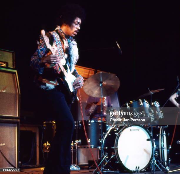 10th JANUARY: Jimi Hendrix performs live on stage at Falkoner Centret in Copenhagen, Denmark on 10th January 1969.